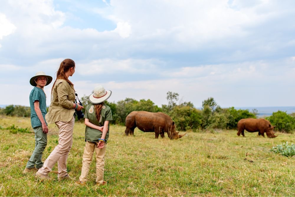Children on a family safari watching rhinos in South Africa